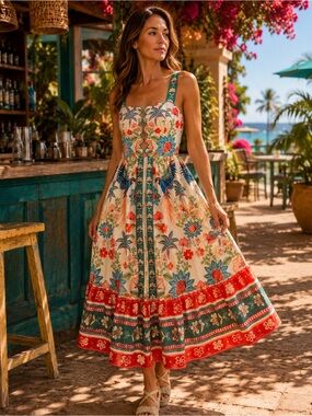 Floral Boho-Print Midi Summer Dress Size Small